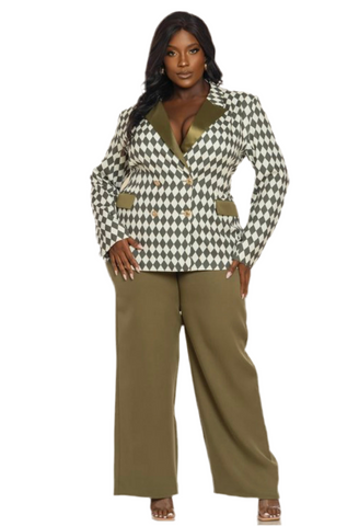 Final Sale Plus Size 2pc Pants Suit in Olive and White Diamond Print