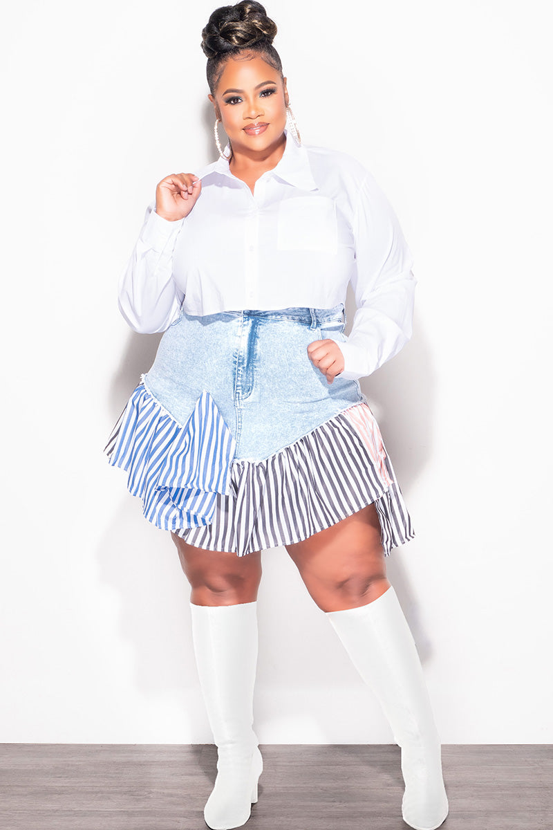 Final Sale Plus Size Splicing Skirt in Denim Multi Color Stripe Print