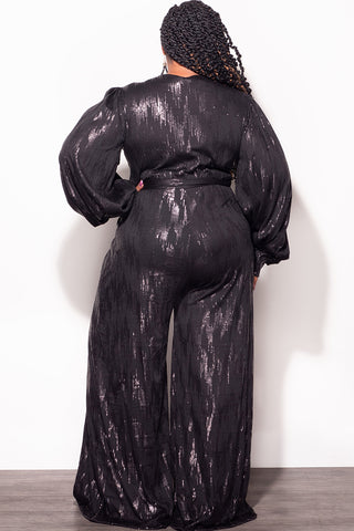 Final Sale Plus Size Faux Wrap Tie Jumpsuit in Black Faux Sequin
