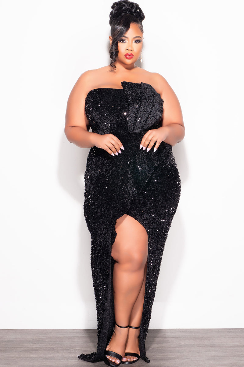 Final Sale Plus Size Strapless Pleated Ruffle Velvet & Sequin Gown with Front Slit in Black