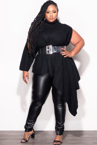 Final Sale Plus Size One Shoulder Turtleneck Poncho in Black