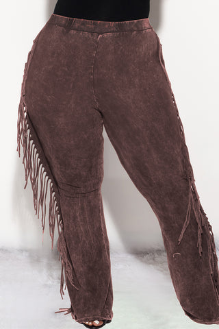 Final Sale Plus Size High Waist Fringe Trim Pants in Brown Acid Wash Print Jersey