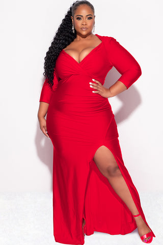 Final Sale Plus Size Shiny Faux Wrap Gown with Slit in Dark Red Garnet