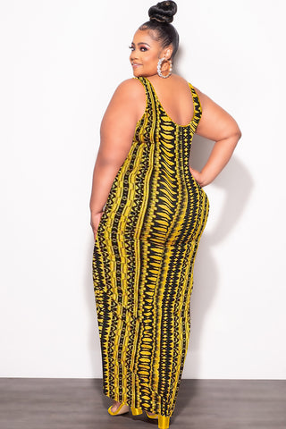 Final Sale Plus Size Sleeveless Maxi Dress with Waist Tie in Yellow and Black Design Print