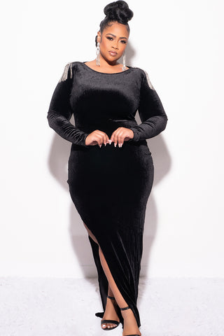 Final Sale Plus Size Velvet Dress Gown with Fringe Rhinestone Shoulder
