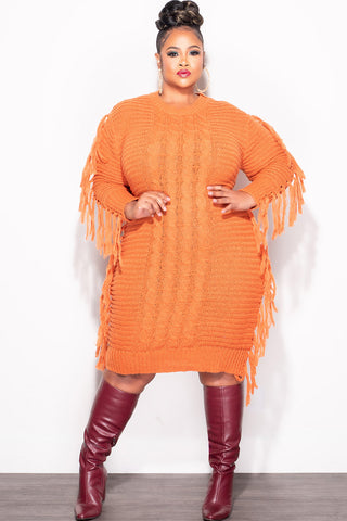 Final Sale Plus Size Fringe Sweater Dress in Burnt Orange