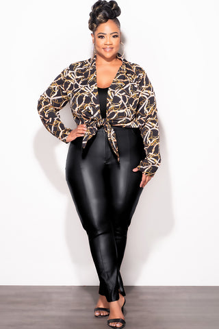 Final Sale Plus Size Long Sleeve Chiffon Collar Tie Crop Top in Black Chain Print