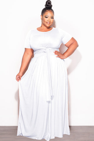 Final Sale Plus Size 2pc Short Sleeve Tie Top and Skirt Set in White