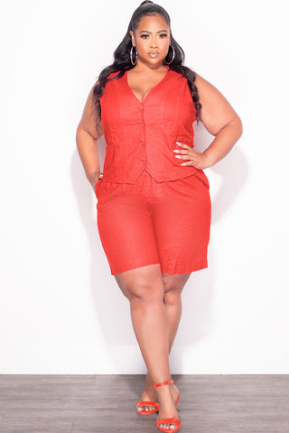 Final Sale Plus Size 2pc Sleeveless Linen Blazer Vest Short Set in Orange