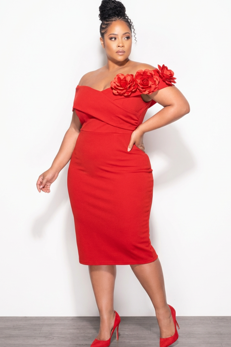 Final Sale Plus Size Off The Shoulder Corsage Midi Dress in Red – Chic And Curvy