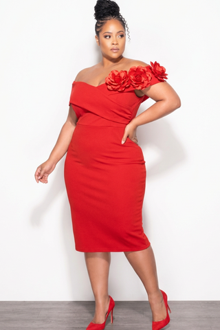Final Sale Plus Size Off The Shoulder Corsage Midi Dress in Red