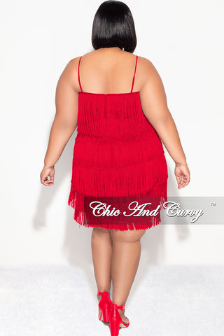 Final Sale Plus Size Spaghetti Strap BodyCon Fringe Dress in Red