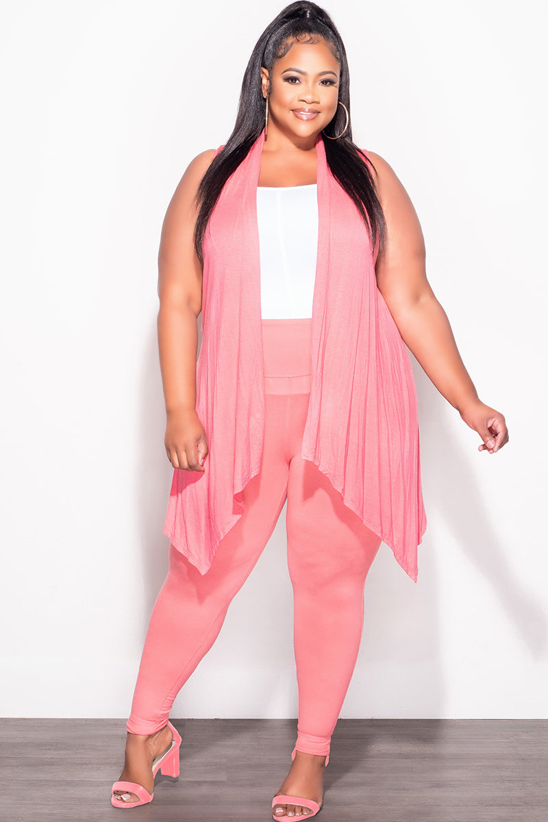 Final Sale Plus Size 2pc Lightweight Sleeveless Open Front Drape Vest Cardigan Top and legging Set in Pink
