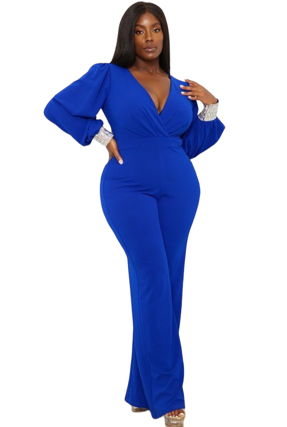 Final Sale Plus Size Faux Wrap Collar Jumpsuit with Sheer Sleeves and Rhinestone Cuffs in Royal Blue