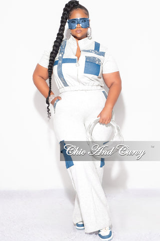 Final Sale Plus Size Rhinestone Colorblock 2pc Zip-Up Top and Pants Set in Ivory & Denim