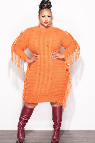 Final Sale Plus Size Fringe Sweater Dress in Burnt Orange