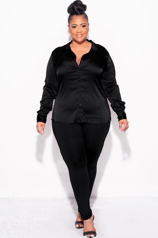 Final Sale Plus Size 2pc Button Up Collar Satin Top and Pants Set in Black