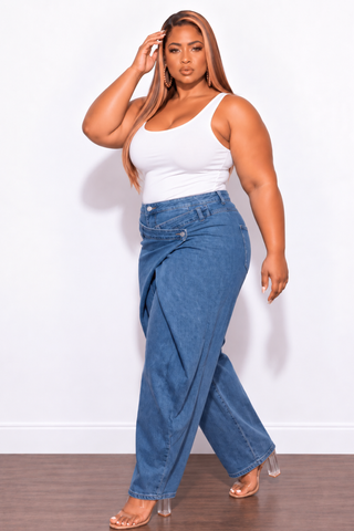 Final Sale Plus Size Crossover-Waist Barrel Leg Jeans in Denim