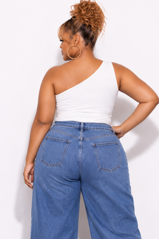Final Sale Plus Size One Shoulder Crop Top with Ruching in Ivory