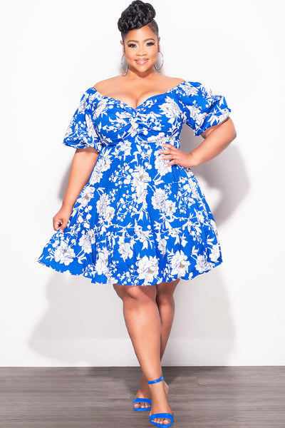 Final Sale Plus Size Dress in Royal Blue & White Design Print