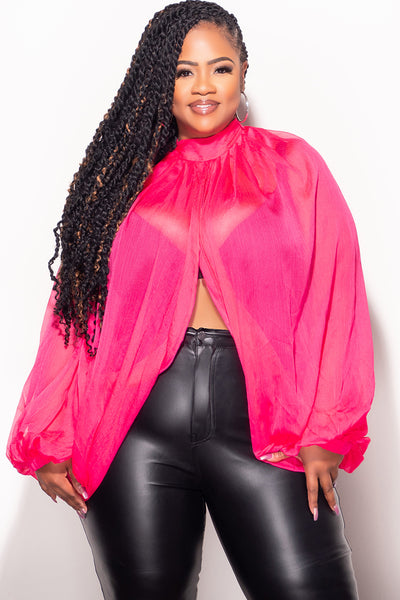 Final Sale Plus Size Sheer Balloon Sleeve Crop Top in Fuchsia