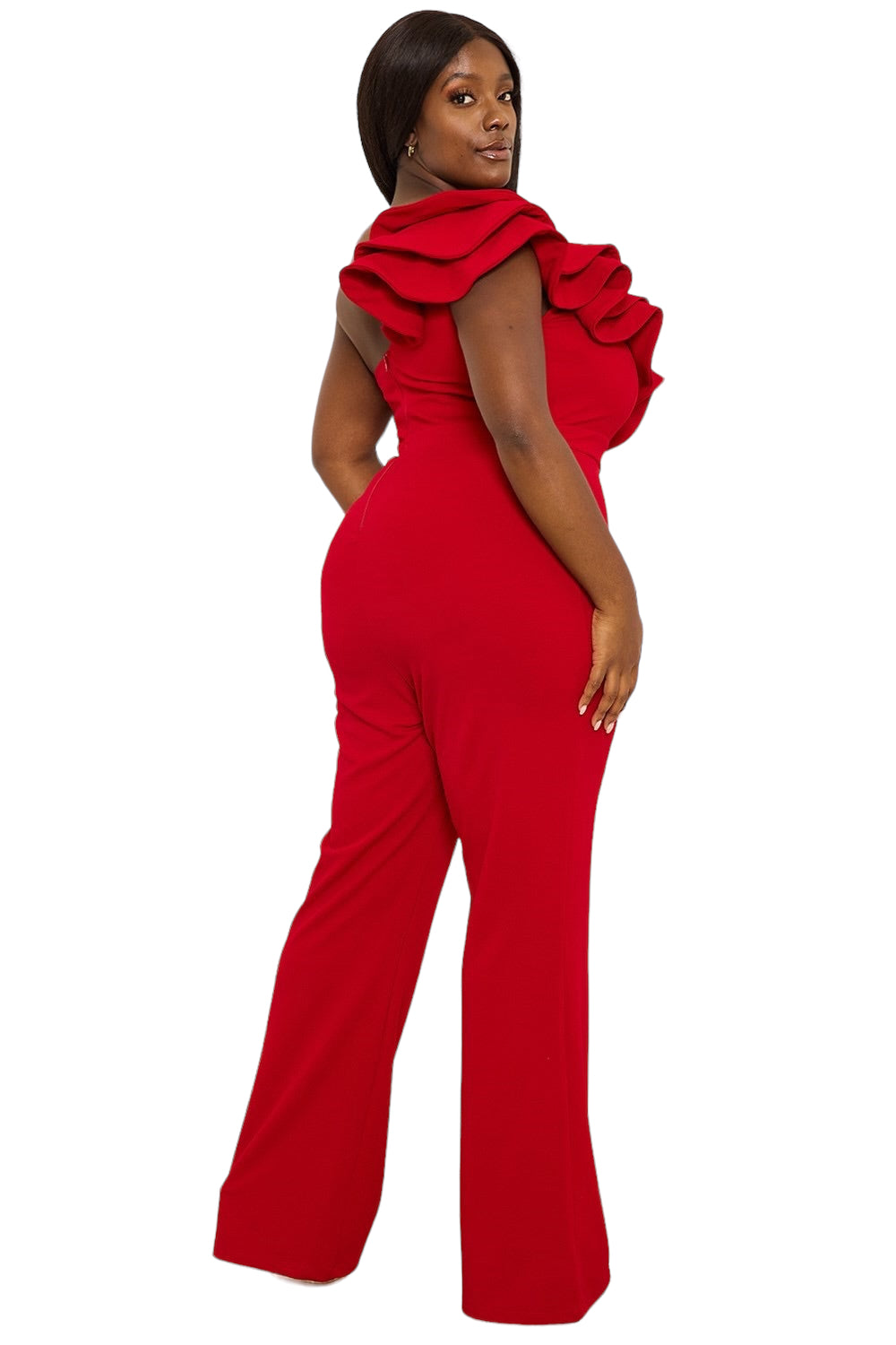 Final Sale Plus Size One Shoulder Ruffle Trim Jumpsuit in Red