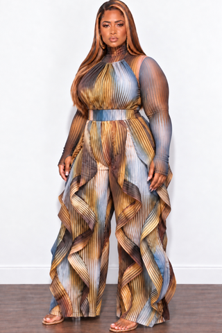 Final Sale Plus Size 2pc Set Mesh Top & Wide Leg Drawstring Oversized Windbreaker Wavy Halter Jumpsuit in Rust & Gray Multi-Color Print