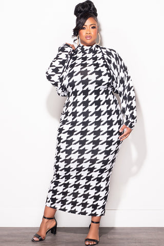 Final Sale Plus Size 2pc Sleeveless Midi Dress with Crop Cardigan Black and White Houndstooth Print