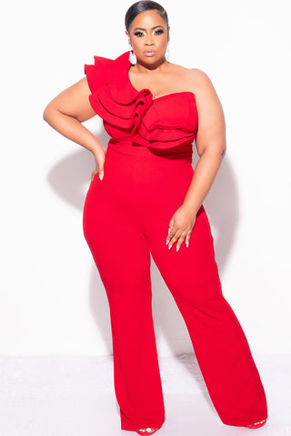 Final Sale Plus Size One Shoulder Ruffle Trim Jumpsuit in Red