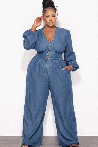 Final Sale Plus Size Long Sleeve Jumpsuit in Wash Denim