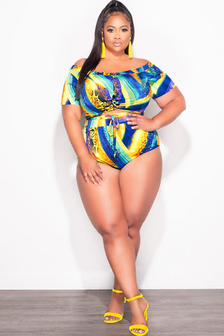 Final Sale Plus Size 2-Pc Poolside Playsuit (Off The Shoulder Crop Top & High Waist Bottoms) in Purple Mustard Print