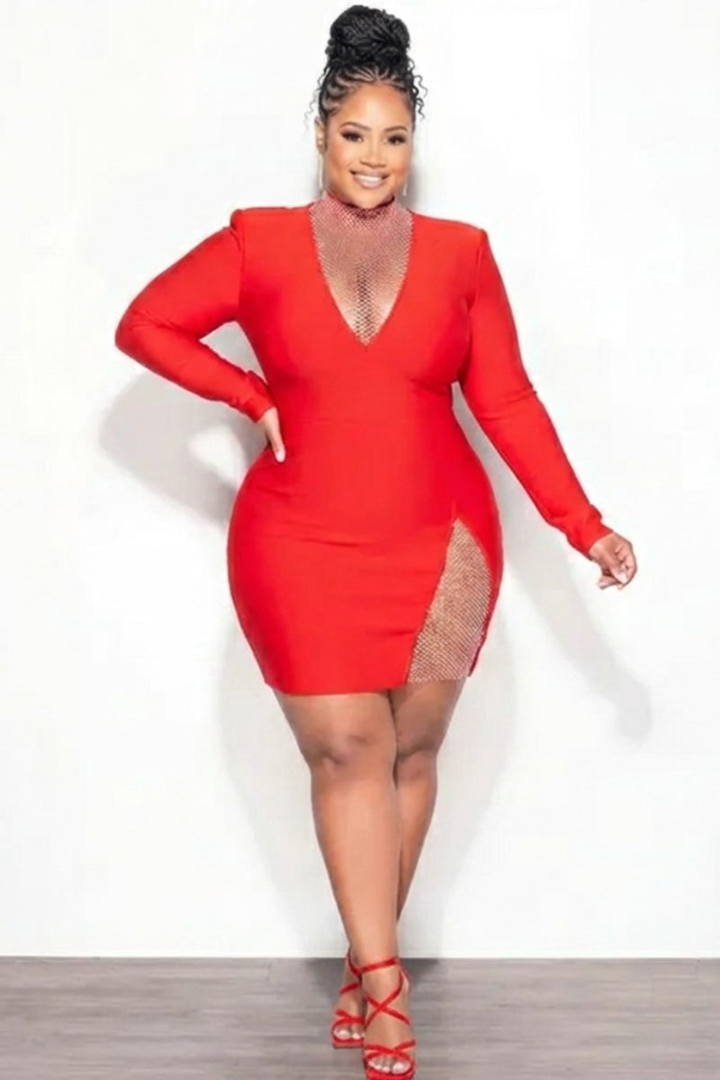 Final Sale Plus Size Bandage Mini Dress in Red with Iridescent Stones