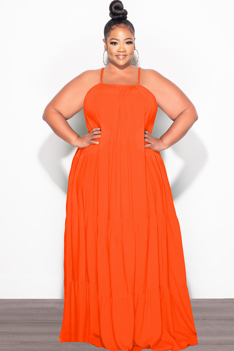 Final Sale Plus Size Long Halter Dress with Back Tie in Orange