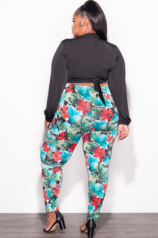 Final Sale Plus Size 2pc Wrap Top and Pants Set in Black Multi Color Print