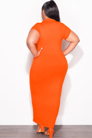 Final Sale Plus Size Collar V Neck Midi Dress in Orange