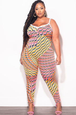 Final Sale Plus Size 2pc Duster & Spaghetti Strap Jumpsuit Set in Orange Multi Color Print
