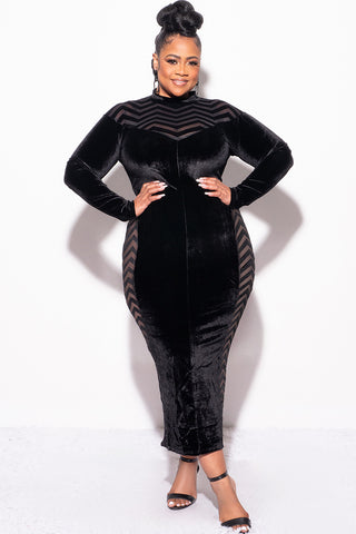 Final Sale Plus Size Midi Velvet Dress with See-Thru Mesh Sides & Chest in Black