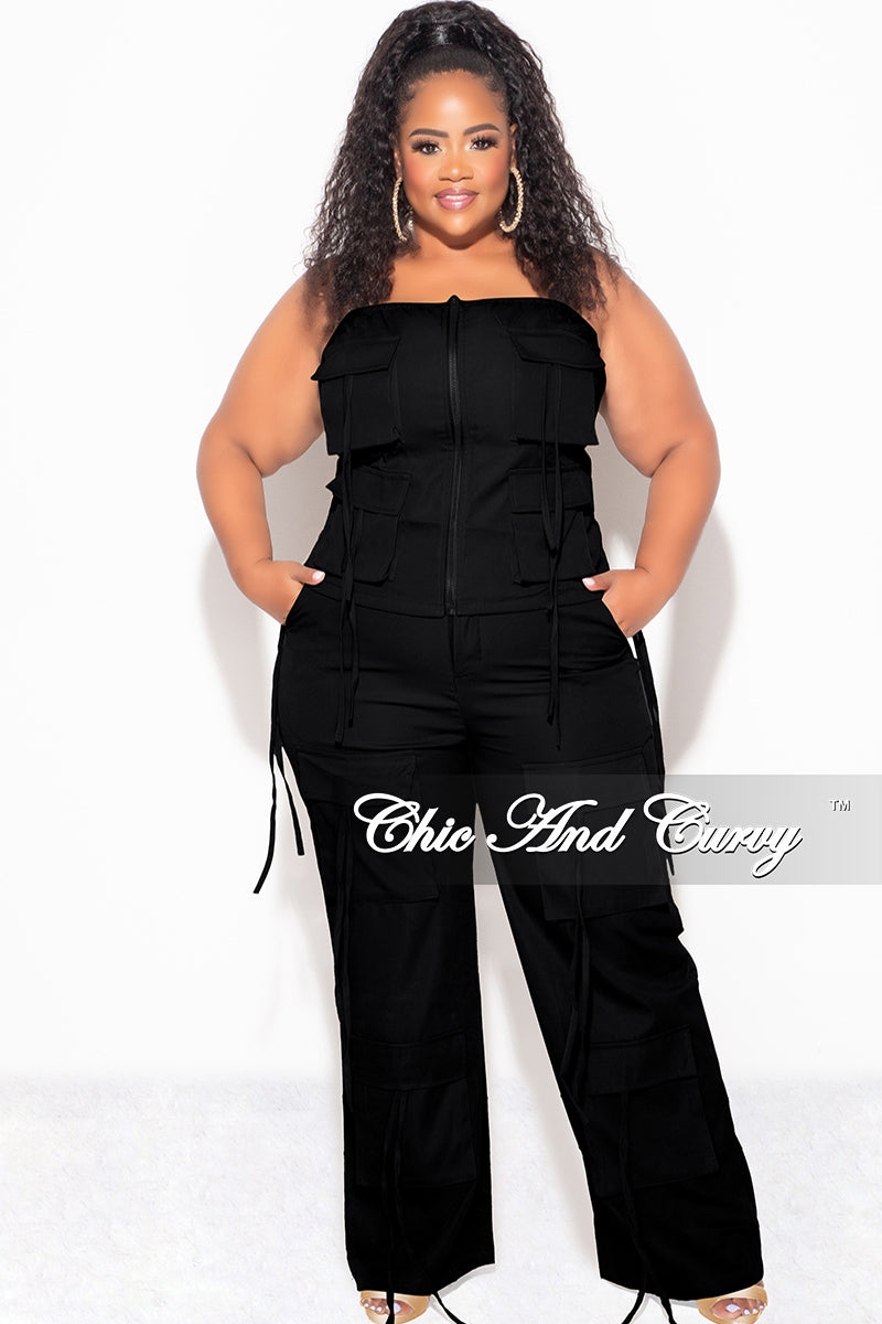 Final Sale Plus Size 2pc Strapless Top and Cargo Pants Set in Black