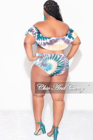 Final Sale Plus Size Tie Dye Ruffle Bikini Set in Teal / Mustard Tie Dye Print