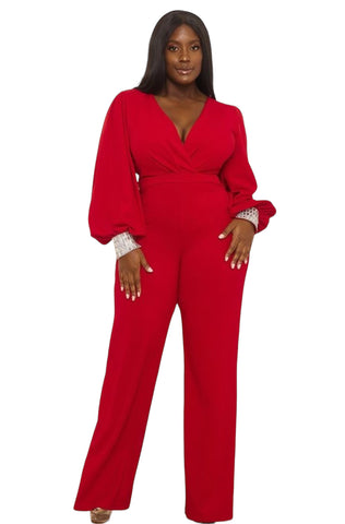 Final Sale Plus Size Faux Wrap Collar Jumpsuit with Sheer Sleeves and Rhinestone Cuffs in Red