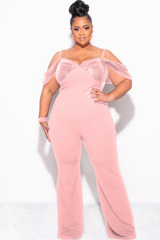 Final Sale Plus Size Off The Shoulder Faux Wrap Sequin Jumpsuit Mauve Pink