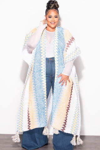 Final Sale Plus Size Knitted Cardigan with Bottom Tassels in White Blue Yellow Tan and Brown