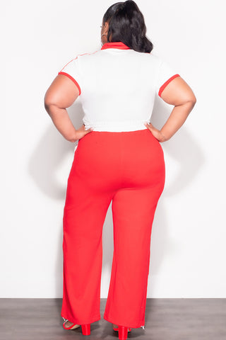 Final Sale Plus Size 2pc Color-Block Collar Crop Top and Pants Set in White and Red