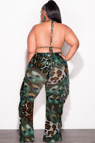 Final Sale Plus Size 3pc Poolside Playsuit Set (Top, High Waist Bottoms & Sheer Ruffle Pants) in Mix Animal Print