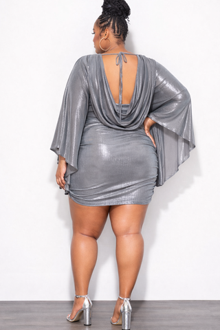 Final Sale Plus Size Ruched Faux Wrap BodyCon Midi Dress in Metallic Silver