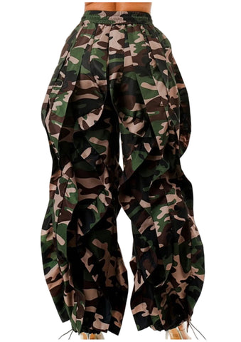 Final Sale Plus Size Wide Leg Drawstring Oversized Windbreaker Wavy Pants in Dark Camouflage Print
