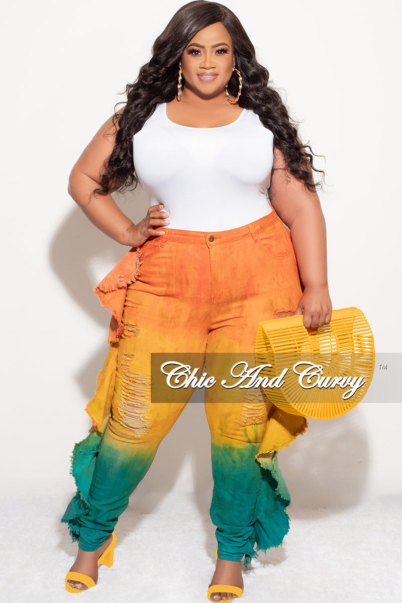 Final Sale Plus Size Jean with Side Fringe Trim in Orange, Mustard & Dark Green Tie Dye Print