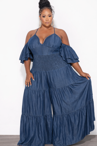 Final Sale Plus Size Spaghetti Strap Mini Ruffle Halter Jumpsuit in Dark Denim Chambray