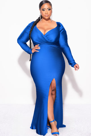 Final Sale Plus Size Shiny Faux Wrap Off the Shoulder Grown in Royal Blue