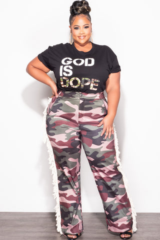 Final Sale Plus Size Pants with Fringe High Waist in Camo